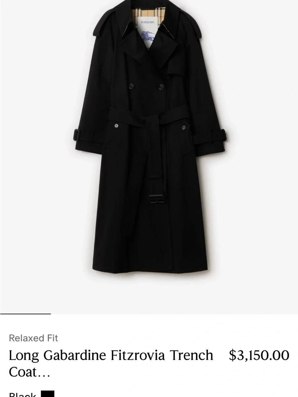 Burberry Black Long Gabardine Trench Coat with Belt - Picture 1 of 3